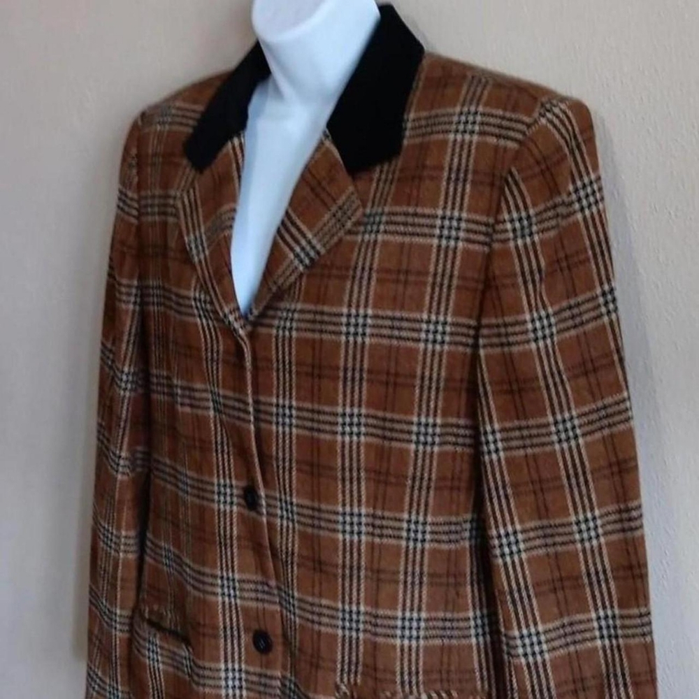 Cottagecore 100% Lambswool Plaid Jacket Vintage Button Coat Black Brown Academia - Picture 3 of 8